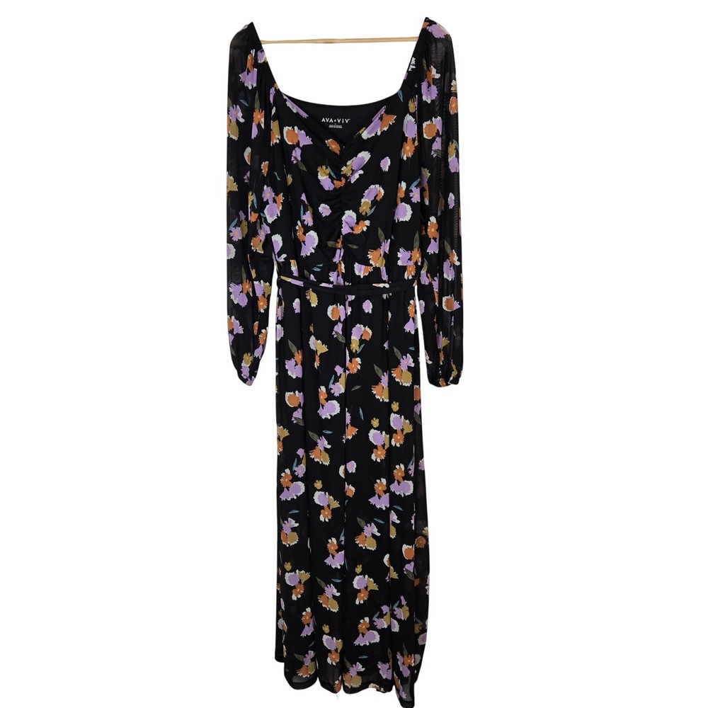 AVA & VIV Floral Maxi Dress Long Sleeve Womens 1X Black Floral‎ Mesh Whimsigoth